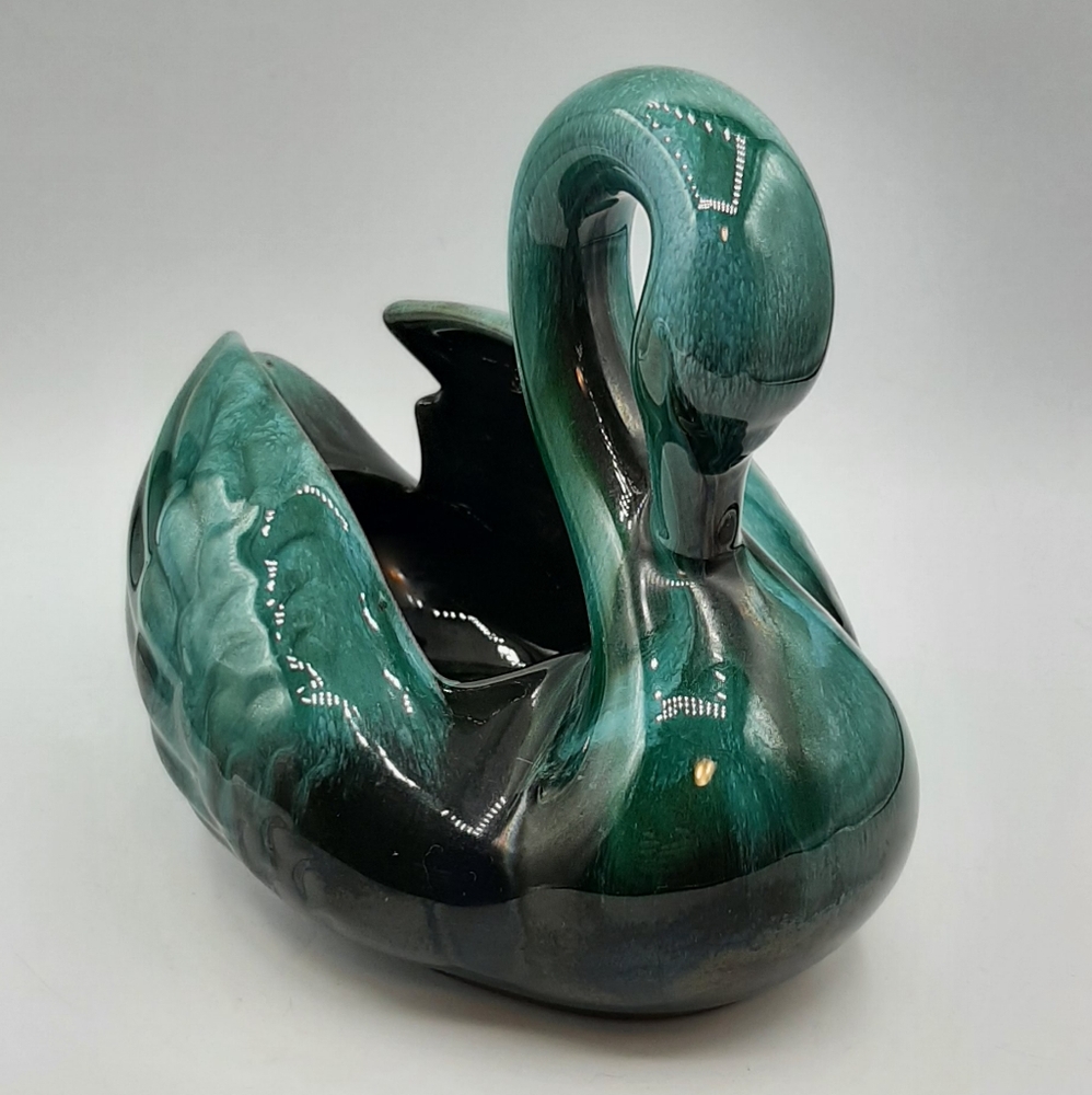 Canada Blue Mountain Pottery BMP Black Teal Glaze Swan Dish  4.5” Tall Vintage
